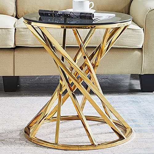 Image of AINPECCA Round Sofa Side Table End Table Stainless Steel with Dark Grey Tempered Glass Design Living Room (Gold)
