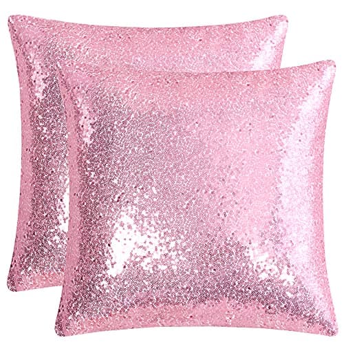 Image of sourcing map 2 Pcs Sequin Throw Pillow Covers, Shiny Sparkling Comfy Satin Cushion Covers, Decorative Pillowcases for Party/Christmas/Thanksgiving/New Year, 40x40 cm, Shiny Pink