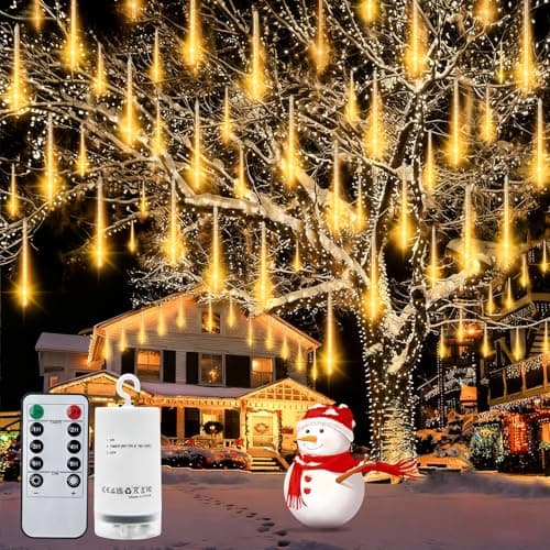 Image of CCILAND Meteor Shower Lights Outdoor, 8 Tubes 144 LED Christmas Falling Rain Lights Battery with Remote Waterproof Icicle String Lights for Garden Party Wedding Xmas Decor - Warm White