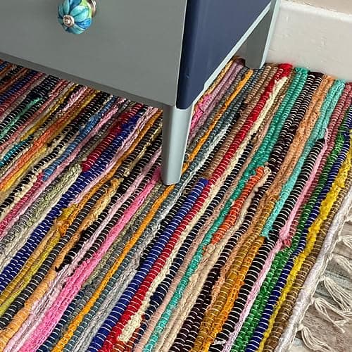 Image of Second Nature Online - SHANTI Multi Coloured Rug | Hand Woven | Eco-Friendly: 100% Recycled Fabric | Ethically Sourced | Flat Weave (90 cm x 150 cm)