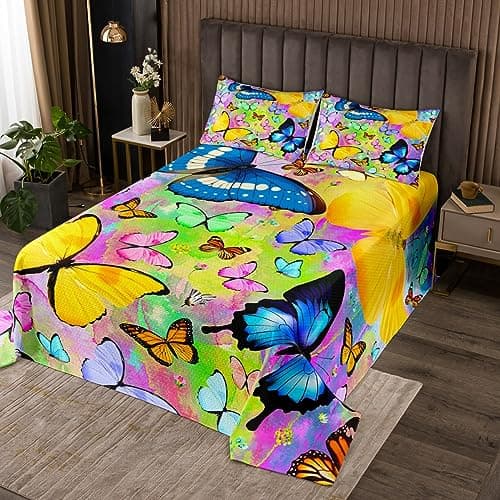 Image of Colorful Butterfly Quilted Coverlet King Blue Butterfly Coverlet Set for Kids Toddler Rainbow Butterfly Quilted Bedspread Boho Butterfly Quilted 3Pcs