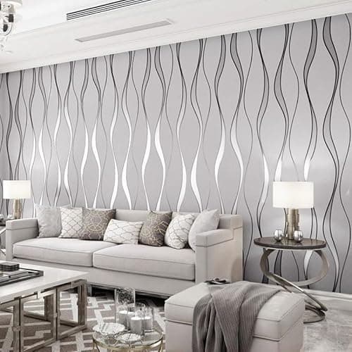 Image of Trafagala Grey Beige Non-Woven Wallpaper Glitter Effect Textured 3D Flocking Embossed Wallpapers 53cm x 9.5m Wave Stripes Wall Paper Roll for Living Room Bedroom