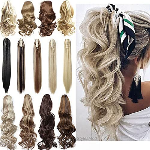 Image of Long Short Claw Ponytail Hair Extension One Piece Cute Clip in on Ponytail Jaw/Claw Synthetic Straight Curly Hairpieces 12" Curly Ash Blonde