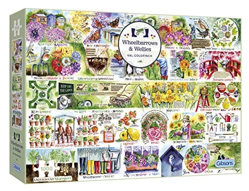 Image of Gibsons Wheelbarrows & Wellies 1000 Piece Jigsaw Puzzle for Adults – Alphabetic Garden Tour by Val Goldfinch – Colourful Gardening Artwork – Premium Sustainable Puzzle Made in the UK/EU