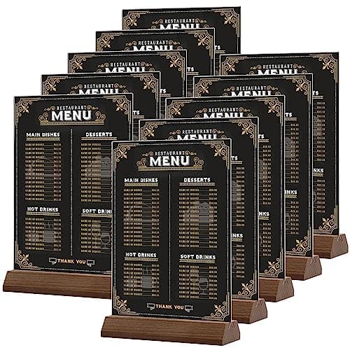 Image of Srvnpioy Acrylic Sign Holders A5 (10 Pack) Wooden Base Table Stands Acrylic Menu Holders for Tables, A5 Vertical Display Stand Up Poster Holder for Office Document, Restaurants menus, Hotel