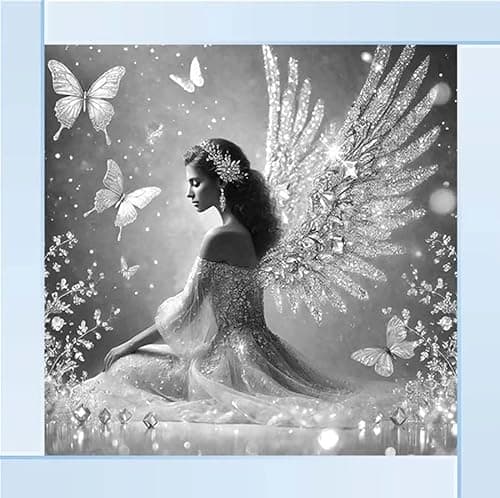 Image of Biznest 3D Crystal Angel Wings Wall Art Print Black & White Liquid Glitter Finish Fantasy Theme Mirrored Picture Frame Portrait Display Chrome Looks Home Decor Idea 40x40Cm