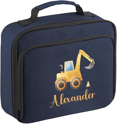 Image of Hoolaroo Personalised Navy Blue Tractor Digger Lunch Bag with Construction with Name Back to School Kids Toddler Lunch Box - Insulated, Nursery