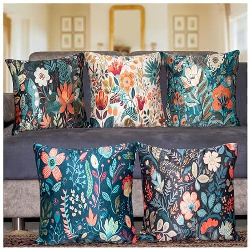 Image of Vendola Decorative Satin 250TC Sofa Cushion Pillow Covers, Multicolor, Set of 5 Floral Cushion Covers(Foliso,12x12 Inches)