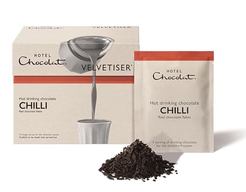 Image of Hotel Chocolat Chilli Hot Chocolate Sachets - Luxury Chocolate Flakes - Pack of 10 Single-Serve Sachets, 310g - Suitable for Vegetarians & Vegans